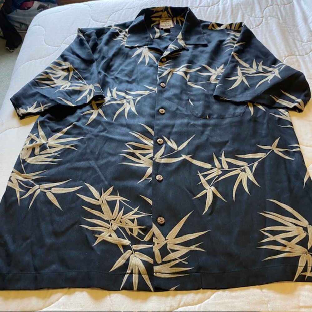 TOMMY BAHAMA Mens Sz M Silk Black Tan Short-Sleeve Button-Up Camp Hawaiian Shirt